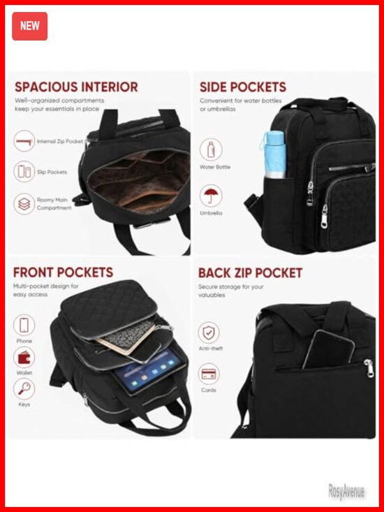 Quilted Square Backpack Waterproof Nylon Daypack Multi Pocket Lightweight Top main image 4